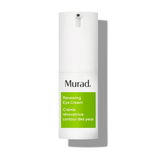 A white pump bottle of Murad Resurgence Renewing Eye Cream (0.5 oz) with a green label in English and French, featuring Palmitoyl pentapeptide-3 in its revitalizing Eye Brightening Complex.