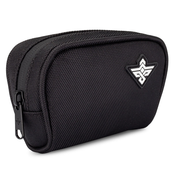 The Erozul Nano v2 Small Smell Proof Slim Pack Pouch by Erozul is a black zippered pouch with a textured surface, geometric white logo, and durable water-resistant material.