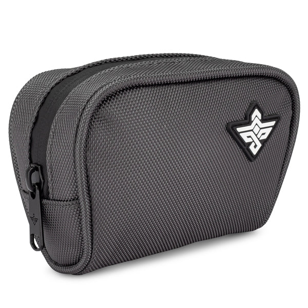 The Erozul Nano v2 Small Smell Proof Slim Pack Pouch by Erozul is a compact, rectangular black pouch with a textured surface, heavy-duty padding, front logo patch, and a secure zipper closure.