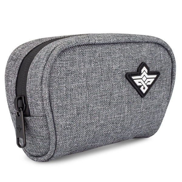 The Erozul Nano v2 Small Smell Proof Slim Pack Pouch is a compact, gray, water-resistant pouch with a black zipper and white geometric logo, designed by Erozul for durability and odor protection.