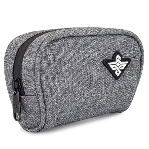 The Erozul Nano v2 Small Smell Proof Slim Pack Pouch is a compact, gray, water-resistant pouch with a black zipper and white geometric logo, designed by Erozul for durability and odor protection.