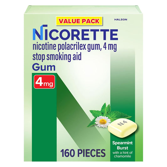 Nicorette 4 mg Nicotine Gum to Help Stop Smoking, Spearmint Burst, 160 count, is a value pack from Nicorette that offers effective nicotine replacement therapy to support smoking cessation.
