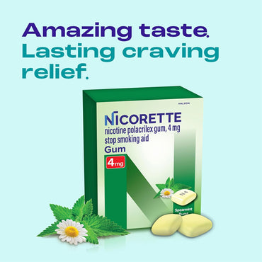 A box of Nicorette 4 mg Nicotine Gum to Help Stop Smoking Spearmint Burst 160 Count is shown with two gum pieces, mint leaves, and a chamomile flower, plus text: Amazing taste. Lasting craving relief for your quit journey.