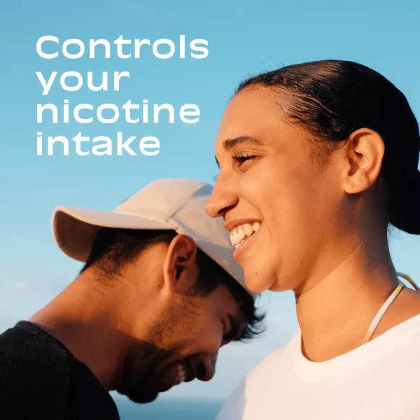 A woman smiles in the foreground with a man behind her, head down, and text reading Controls your nicotine intake—Nicorette 4 mg Nicotine Gum, Original Flavor, 170 Count—Stop smoking aid set against a blue sky background.