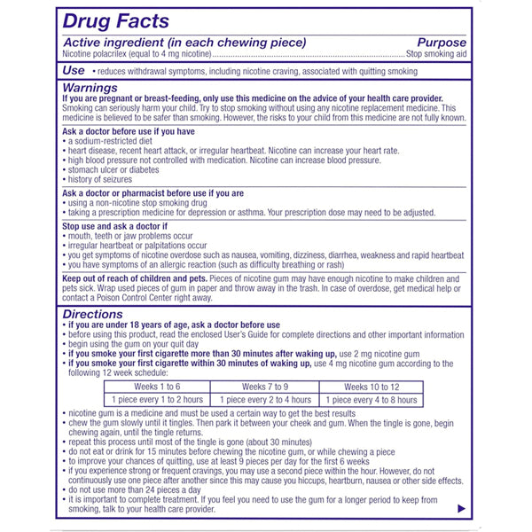 Drug Facts label for Nicorette 4 mg Nicotine Gum to Help Stop Smoking Spearmint Burst 160 Count, providing use, warnings, directions, and dosage instructions for nicotine replacement therapy.