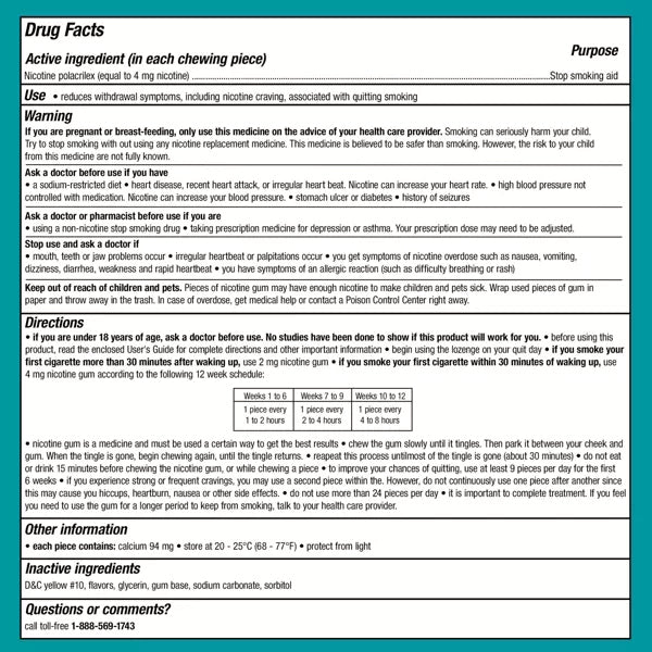 Drug facts label for Nicorette 4 mg Nicotine Gum (170 ct, Original Flavor) smoking cessation aid includes active ingredient, warnings, directions, usage, storage info, and contact details for questions or comments.