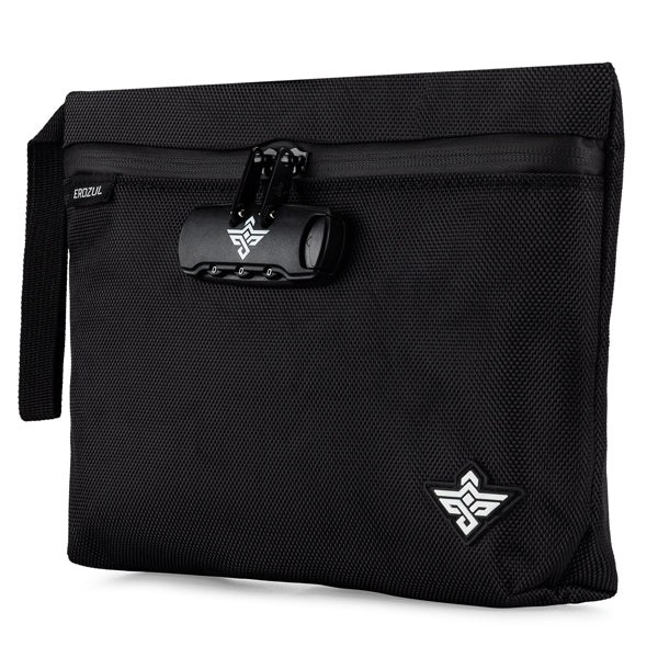 The Erozul Orion Smell Proof Bag With Combination Lock 11 by Erozul is a black pouch featuring a wrist strap, water resistant material, anti-theft lock, and a white geometric logo on the lower corner.