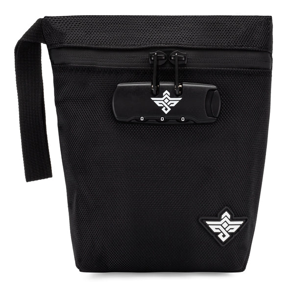 The Erozul Orion 7 Smell Proof Bag features a black zippered design with wrist strap, combo lock, white geometric logo, and water-resistant material to keep your essentials secure and dry.
