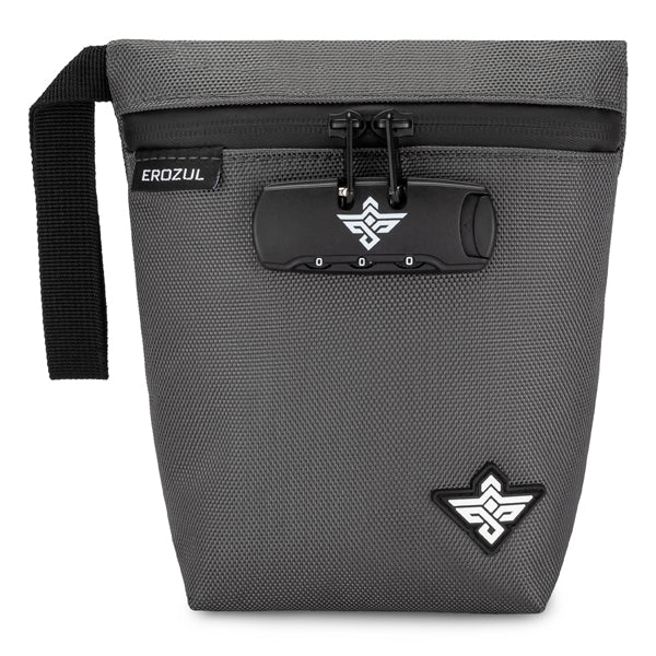 The Erozul Orion 7 Smell Proof Bag features a gray, water-resistant pouch with a combination lock, black wrist strap, and two white geometric logo patches on the front.