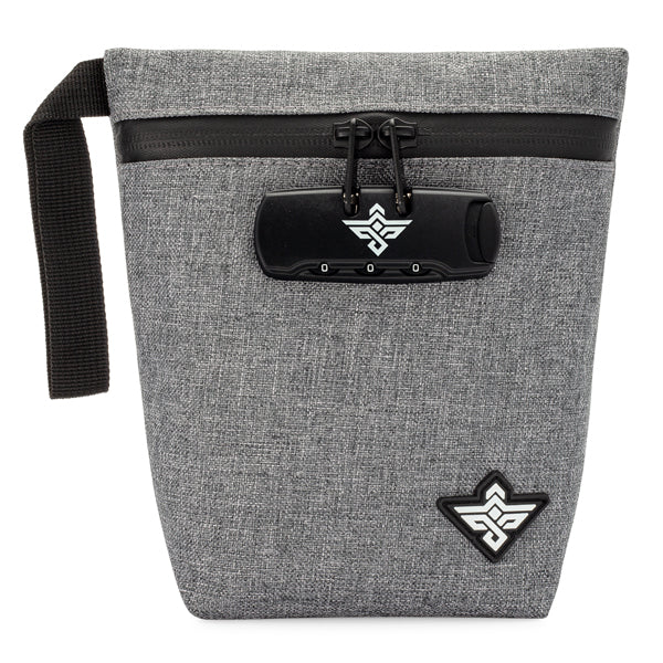 The Erozul Orion Smell Proof Bag With Combination Lock 7 by Erozul features gray fabric, a black zipper, anti-theft lock, left-side handle, two geometric logo patches, and a water-resistant design to keep your essentials secure.