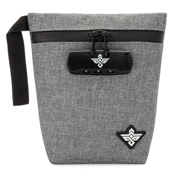 The Erozul Orion Smell Proof Bag With Combination Lock 7 by Erozul features gray fabric, a black zipper, anti-theft lock, left-side handle, two geometric logo patches, and a water-resistant design to keep your essentials secure.