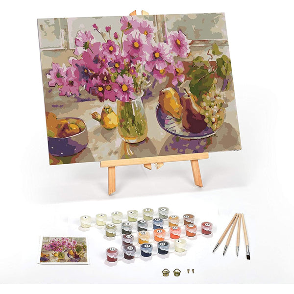 The Ledgebay Paint by Number for Adults Framed Canvas - Cosmos from The Garden lets you create a floral still life on a 12 x 16 framed canvas with included paints, brushes, and reference—ideal for arts and crafts lovers.