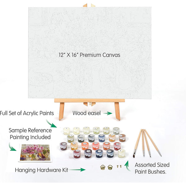 The Ledgebay Paint by Number for Adults Framed Canvas – Cosmos from The Garden (12 x 16) includes a framed canvas, acrylic paints, brushes, hanging hardware, and sample licensed artwork—ideal for adult art enthusiasts.