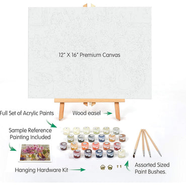 The Ledgebay Paint by Number for Adults Framed Canvas – Cosmos from The Garden (12 x 16) includes a framed canvas, acrylic paints, brushes, hanging hardware, and sample licensed artwork—ideal for adult art enthusiasts.