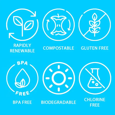 Six icons on a blue background show that Emerald Ecovations Tree-Free 16oz Compostable Eco-Friendly Bowls (125 count) are rapidly renewable, compostable, gluten free, BPA free, biodegradable, and chlorine free—perfect for green dining.