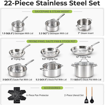 Ammeloo 22-Pieces Stainless Steel Cookware Set with Lids, Pots and Pans Set Ammeloo