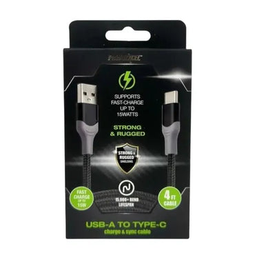 12 Pack - Powerxcel 4FT Kevlar USB-A to Type-C Fast Charging Cable Black Wholesale Bundle PowerXcel
