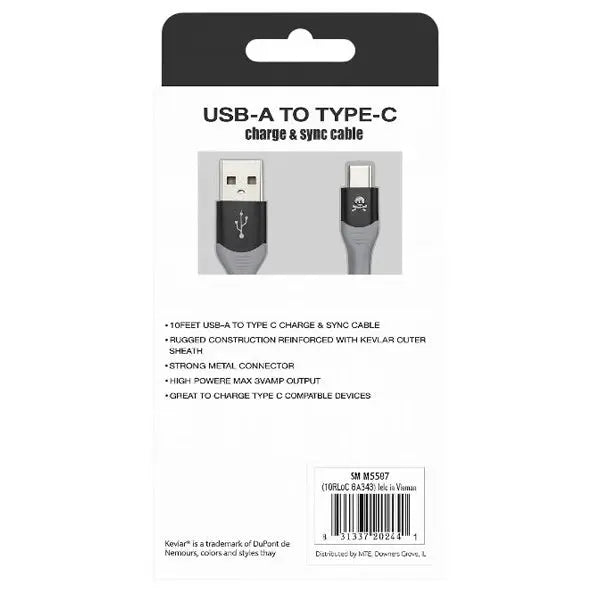12 Pack - Powerxcel 10FT Kevlar USB-A to Type-C Fast Charging Cable Black Wholesale Bundle PowerXcel