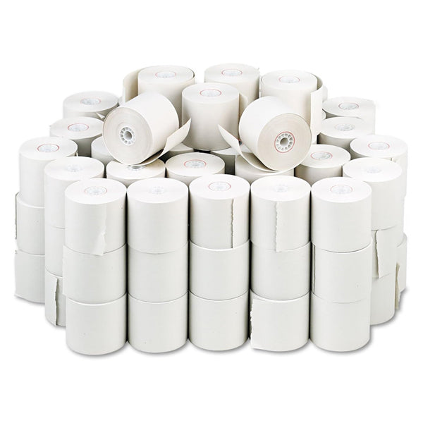 A 50 pack of Iconex Impact Bond Paper Rolls, 2.25-inch x 150 ft (model 9074-0510), neatly stacked in rows and columns, with some rolls showing loose ends and visible end-of-roll indicators.