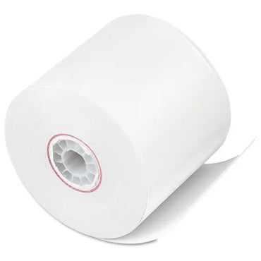 A close-up of a single Iconex 100 Pack Impact Bond Paper Roll, 2.25-Inch x 150 ft, white (9074-0510), shows the core, edge, and end-of-roll indicator for crisp clear prints.