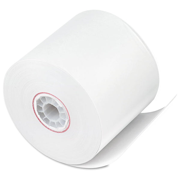 A close-up of an Iconex 50 Pack Impact Bond Paper Roll (2.25 x 150 ft, White, 9074-0510) with a visible plastic core, end-of-roll indicator, and partially unrolled at one end.