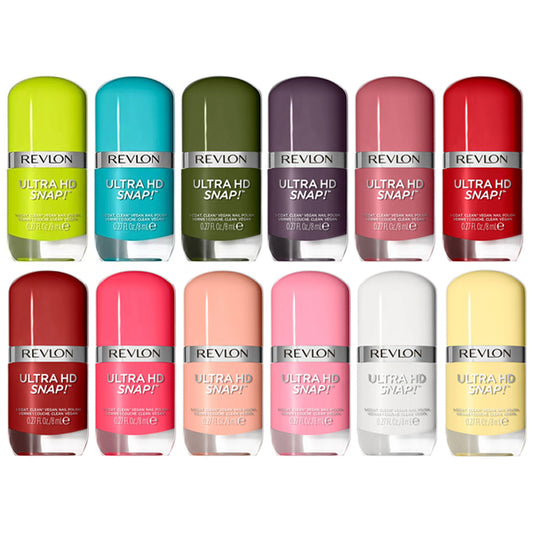 Twelve bottles of Revlon Ultra HD Snap Rich Glossy Nail Polish Assorted Color 12 Pack by Revlon are arranged in two rows, each featuring a different vibrant shade.