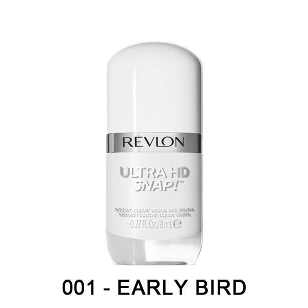 A bottle from the Revlon Ultra HD Snap Rich Glossy Nail Polish Assorted Color 12 Pack, featuring a quick-drying white shade in vegan formula with a silver Revlon-branded band.