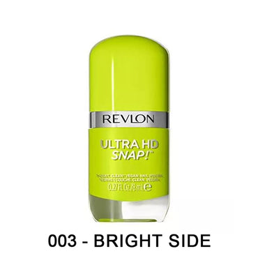 A bottle from the Revlon Ultra HD Snap Rich Glossy Nail Polish Assorted Color 12 Pack by Revlon, featuring quick-drying bright green polish in shade 003 - Bright Side, with a silver band and text on the bottle.