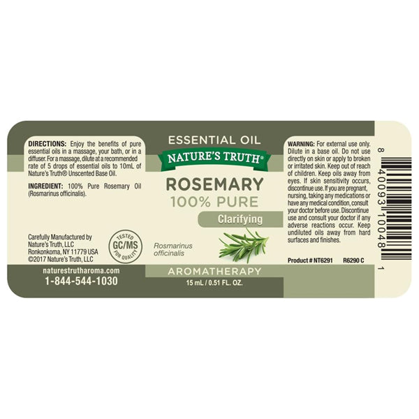 Label for 3 Pack - Natures Truth Aromatherapy 100% Pure Essential Oil, Rosemary, 0.5 Fl Oz. Features aromatherapy use, blending tips, directions, warnings, certifications, and manufacturer contact info. Brand: Natures Truth.