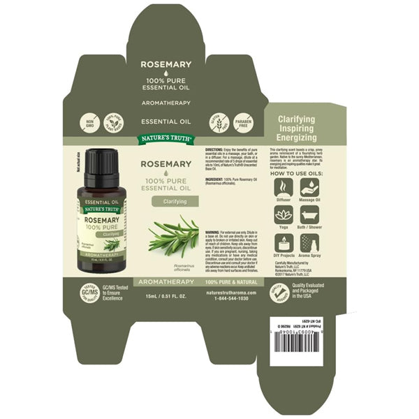 Flat packaging design for Nature’s Truth 3 Pack Aromatherapy 100% Pure Rosemary Essential Oil (0.5 Fl Oz), featuring product details, usage instructions, and certification icons on a beige and green background.