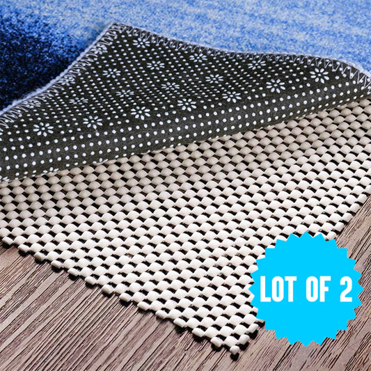 Close-up of a patterned rug corner lifted to reveal a beige Unbranded non-slip pad from the 2 Pack - 3x5 Non Slip Area Rug Pad Gripper for Area Rugs and Hardwood Floors, with LOT OF 2 in a blue starburst overlay.