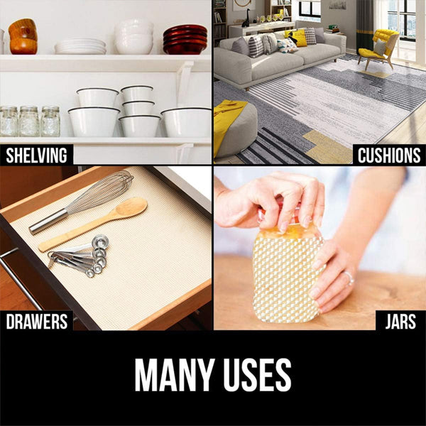 A collage labeled Many Uses shows a kitchen shelf, cozy living room with extra-cushioned pillows, drawer with utensils, and jar opening—highlighting the Unbranded 2 Pack 3x5 Non Slip Area Rug Pad Gripper for rugs and hardwood floors.