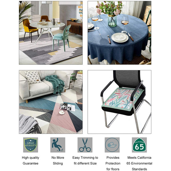 A collage features Unbrandeds 2 Pack 3x5 Non Slip Area Rug Pad Gripper for area rugs and hardwood floors under tables, dining sets, and chairs, with icons for quality, noise absorption, cushioning, easy trimming, floor protection, and CA 65 compliance.