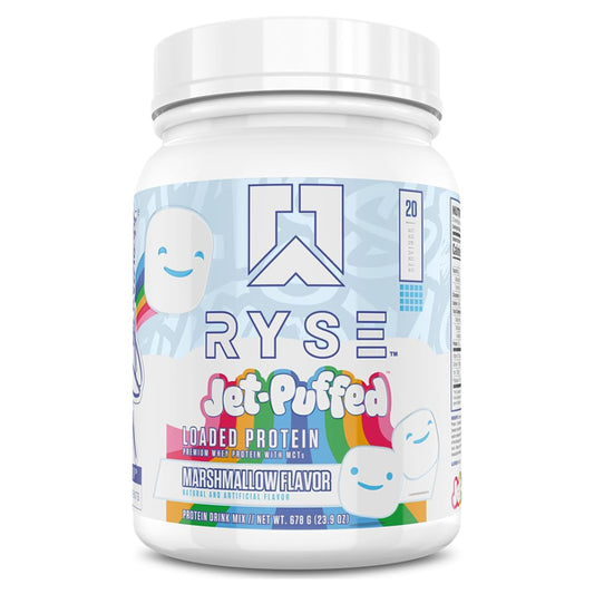 A white 1.5lb tub of Ryse Loaded Protein Powder Jet-Puffed Marshmallow, ideal for post-workout recovery, features smiling marshmallow graphics on the label.