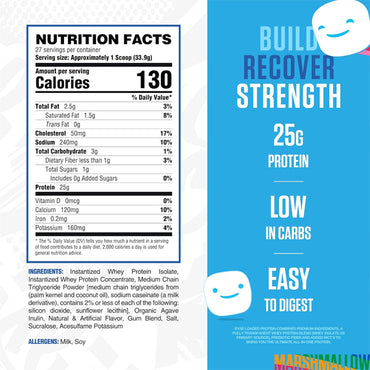 Ryse Loaded Protein Powder Jet-Puffed Marshmallow 1.5lb Tub from Ryse provides 130 calories and 25g protein per serving, is low in carbs, easy to digest, and highlights Jet-Puffed Marshmallow flavor with milk/soy allergen info. Perfect post workout!.