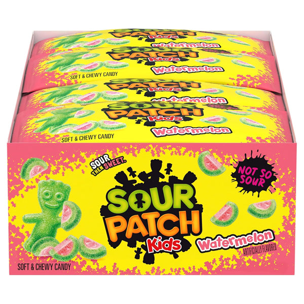 24 Count - Sour Patch Kids Watermelon Soft & Chewy Candy 2oz Bags, bulk packed in bright yellow and pink packaging with green-and-pink watermelon-shaped candy.