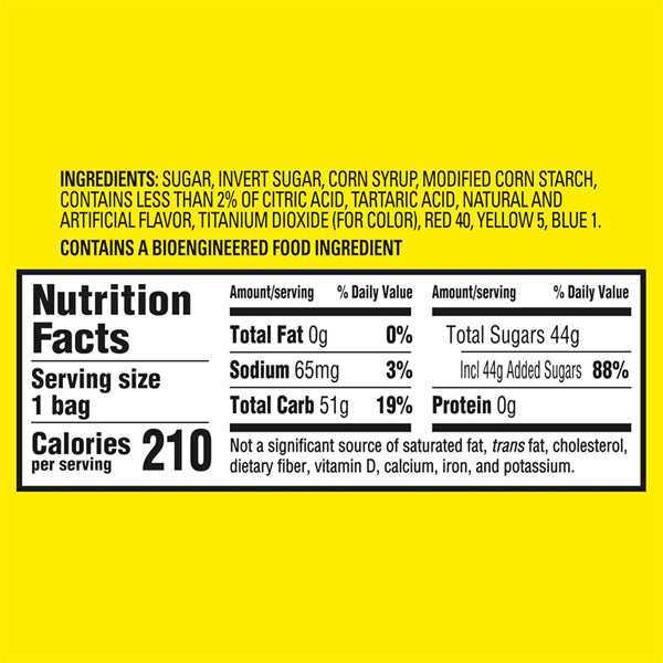 Nutrition facts and ingredients for Sour Patch Kids Watermelon Soft & Chewy Candy (24 Count, 2oz bags), with 210 calories per serving and a note that it contains a bioengineered food ingredient. Yellow background features the candy.
