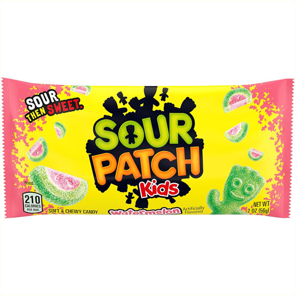A 2oz bag from the 24 Count Sour Patch Kids Watermelon Soft & Chewy Candy collection—featuring vibrant packaging and watermelon-shaped pieces—perfect for fans of Sour Patch Kids’ watermelon flavor.