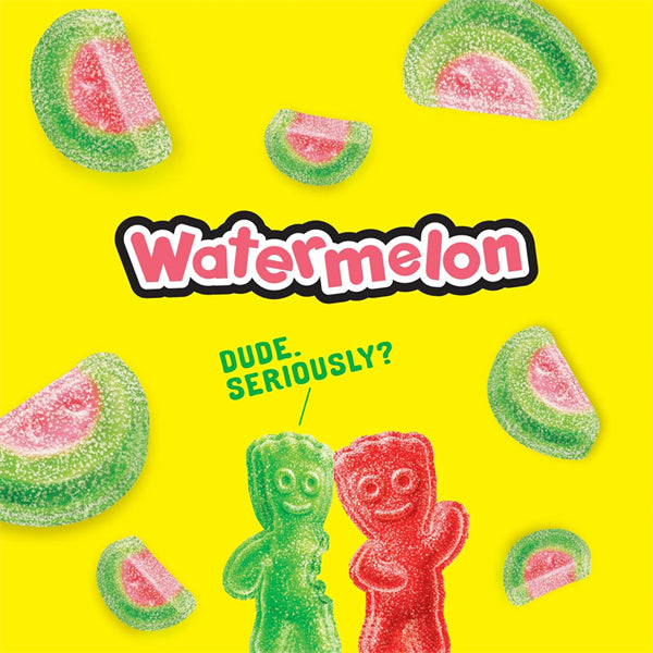 A bright yellow background features illustrated watermelon-shaped Sour Patch Kids Watermelon Soft & Chewy Candy (24 Count, 2oz bags) and two SOUR PATCH KIDS—one green, one red—with Watermelon and DUDE. SERIOUSLY? text above them. Brand: Sour Patch Kids.