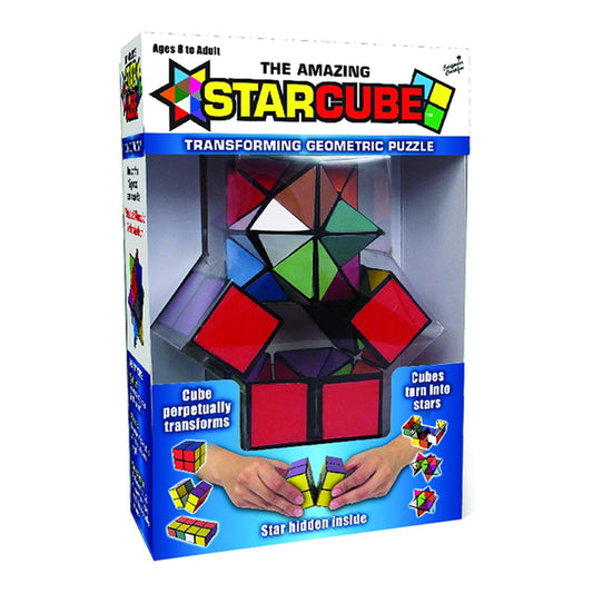 Box for California Creations The Amazing Star Cube Geometric Puzzle by California Creations, featuring cube and star shapes with hands demonstrating its transforming brain teaser action.
