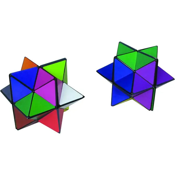 Two California Creations The Amazing Star Cube Geometric Puzzles, each with interlocking triangular pieces, are displayed against a white background, offering a vibrant and challenging brain teaser.