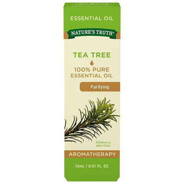 A 3 Pack of Natures Truth Aromatherapy 100% Pure Essential Oil, Tea Tree, 0.5 fl oz each, perfect for aromatherapy and essential oil blends with tea tree imagery on the label.