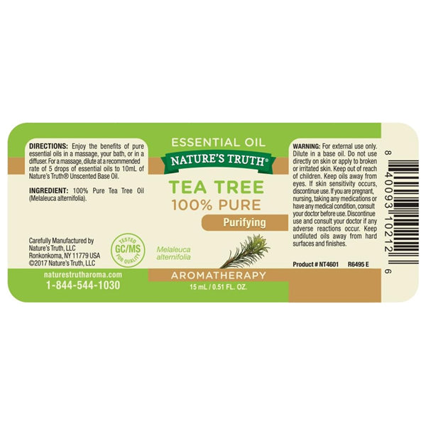 Label for Natures Truth Aromatherapy 100% Pure Tea Tree Essential Oil, 3 Pack (0.5 Fl Oz each), with directions, ingredients, warnings, and manufacturer info on a green and white background—ideal for aromatherapy or DIY blends.