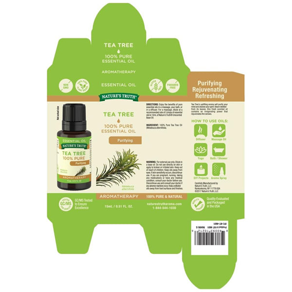 Natures Truth 3 Pack Aromatherapy 100% Pure Tea Tree Essential Oil (0.5 fl oz) comes in green and brown packaging with usage details, aromatherapy icons, and a tea tree branch image—ideal for essential oil enthusiasts.