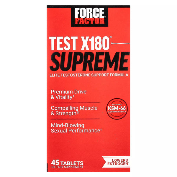 Red box of Force Factor Test X180 Supreme Testosterone Support Formula, 45 tablets, promotes male vitality, muscle strength, and sexual performance; part of the trusted Force Factor line of supplements.