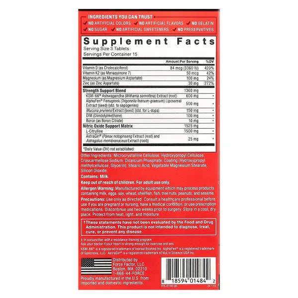 Force Factor Test X180 Supreme Testosterone Support Formula 45 Tablets supplement facts label lists ingredients, serving amounts, daily values, and additional info, displayed on a red background. Brand: Force Factor.