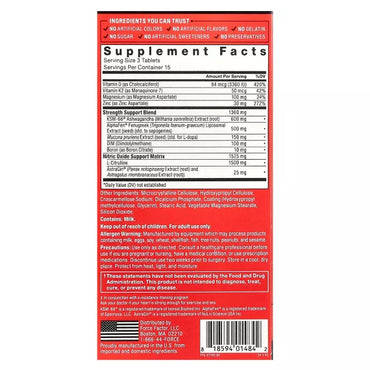 Force Factor Test X180 Supreme Testosterone Support Formula 45 Tablets supplement facts label lists ingredients, serving amounts, daily values, and additional info, displayed on a red background. Brand: Force Factor.
