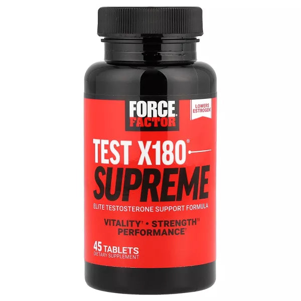 Force Factor Test X180 Supreme Testosterone Support Formula by Force Factor comes in a black bottle with a red label containing 45 tablets—an advanced, effective choice for male vitality support.