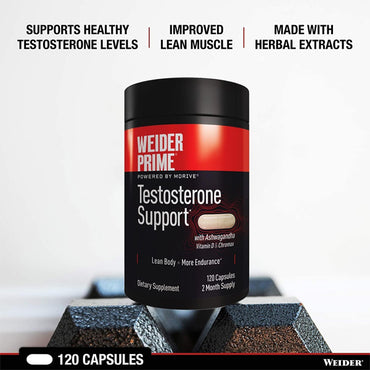 Weider Prime Testosterone Support with Ashwagandha, 120 capsules by Weider, supports healthy testosterone and lean muscle with herbal extracts like Ashwagandha KSM-66. Benefits listed on the supplement bottle.