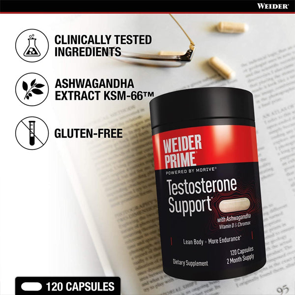 Weider Prime Testosterone Support with Ashwagandha by Weider, featuring clinically tested ingredients like KSM-66 Ashwagandha and Chromax; gluten-free formula in a 120-capsule bottle.